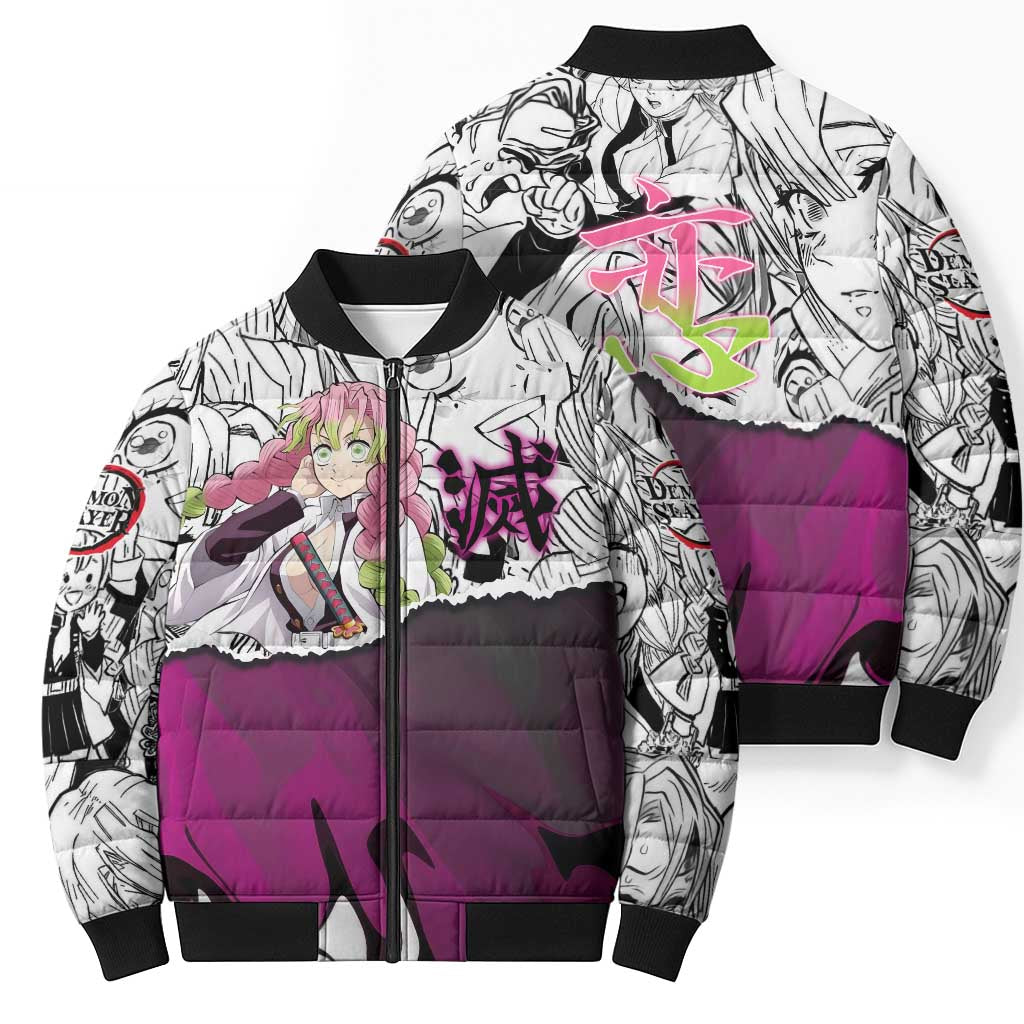 Mitsuri Kanroji Demon Slayer Manga Collage Bomber Puffer Jacket with Pink and Purple Love Hashira Aesthetic - The Mazicc