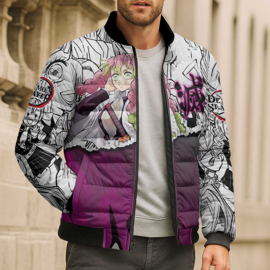 Mitsuri Kanroji Demon Slayer Manga Collage Bomber Puffer Jacket with Pink and Purple Love Hashira Aesthetic - The Mazicc