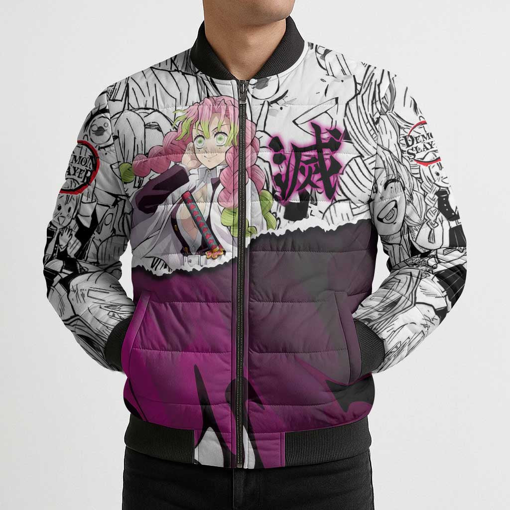Mitsuri Kanroji Demon Slayer Manga Collage Bomber Puffer Jacket with Pink and Purple Love Hashira Aesthetic - The Mazicc