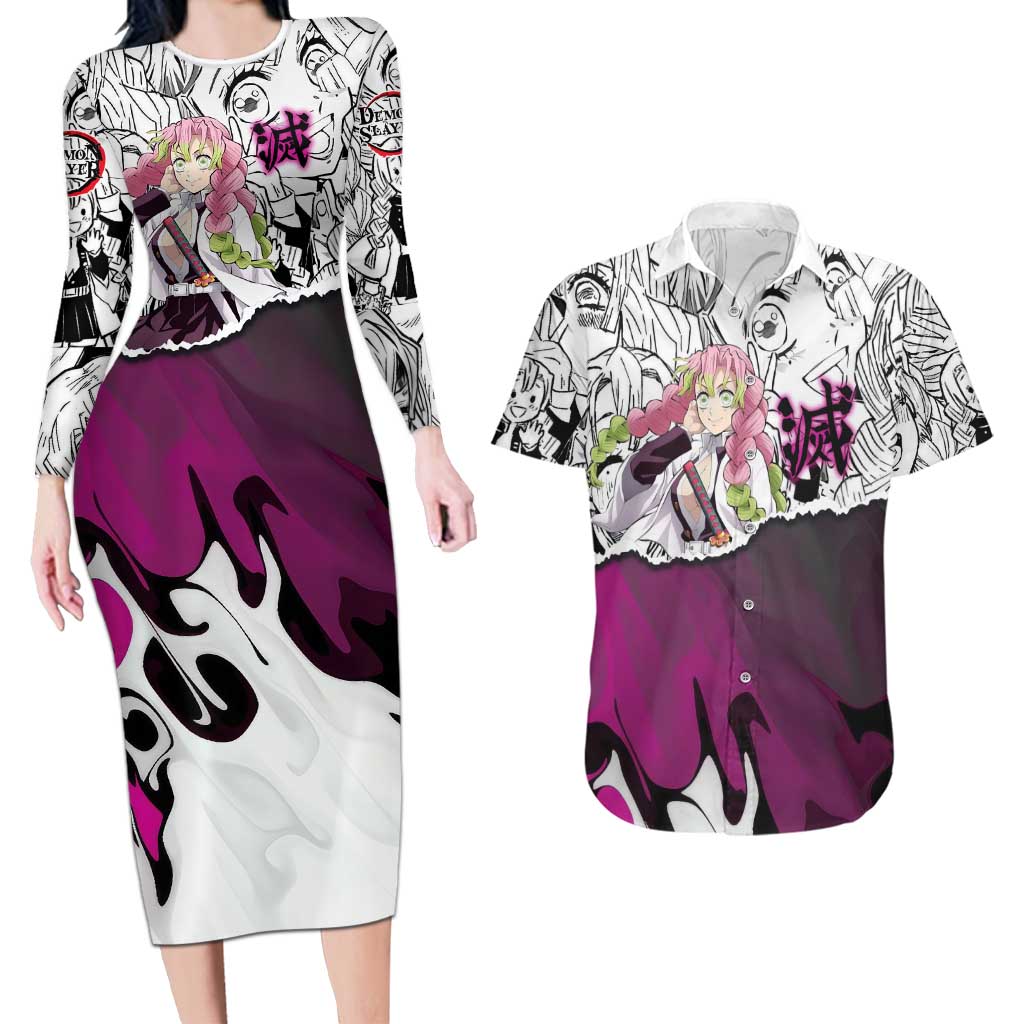Mitsuri Kanroji Demon Slayer Manga Collage Couples Matching Long Sleeve Bodycon Dress and Hawaiian Shirt with Pink and Purple Love Hashira Aesthetic - The Mazicc