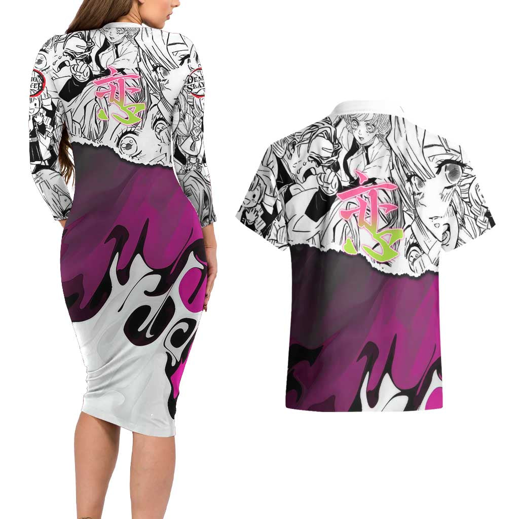 Mitsuri Kanroji Demon Slayer Manga Collage Couples Matching Long Sleeve Bodycon Dress and Hawaiian Shirt with Pink and Purple Love Hashira Aesthetic - The Mazicc