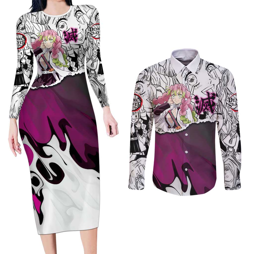 Mitsuri Kanroji Demon Slayer Manga Collage Couples Matching Long Sleeve Bodycon Dress and Long Sleeve Button Shirt with Pink and Purple Love Hashira Aesthetic - The Mazicc