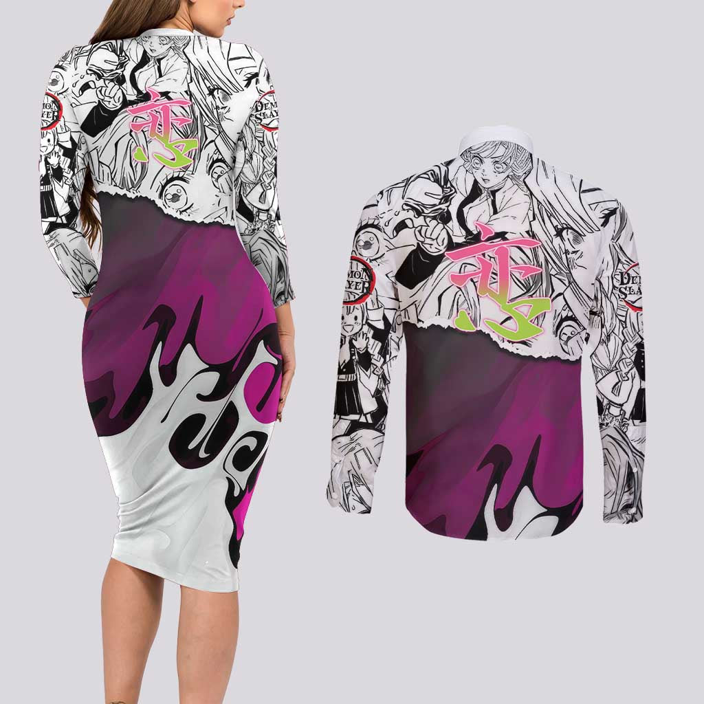 Mitsuri Kanroji Demon Slayer Manga Collage Couples Matching Long Sleeve Bodycon Dress and Long Sleeve Button Shirt with Pink and Purple Love Hashira Aesthetic - The Mazicc