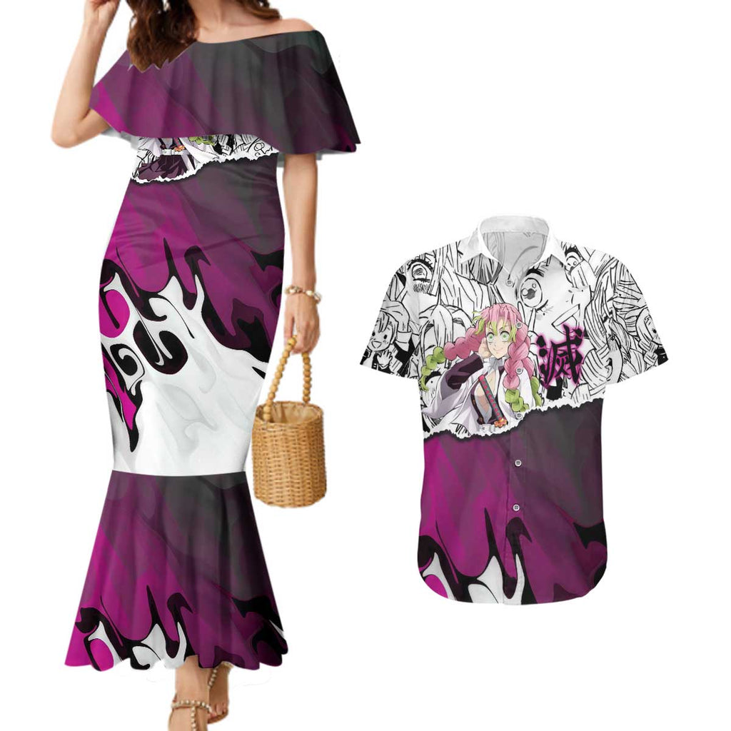 Mitsuri Kanroji Demon Slayer Manga Collage Couples Matching Mermaid Dress and Hawaiian Shirt with Pink and Purple Love Hashira Aesthetic - The Mazicc