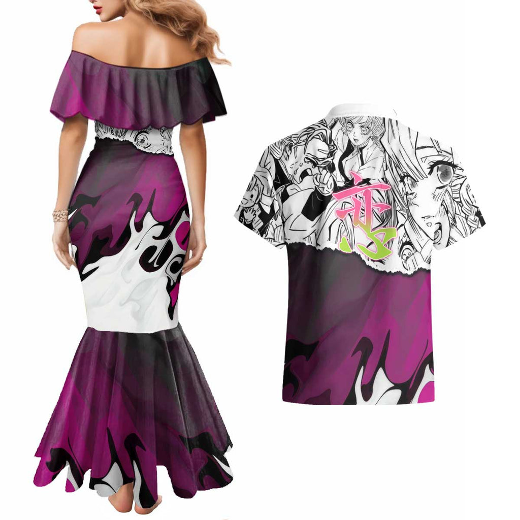 Mitsuri Kanroji Demon Slayer Manga Collage Couples Matching Mermaid Dress and Hawaiian Shirt with Pink and Purple Love Hashira Aesthetic - The Mazicc
