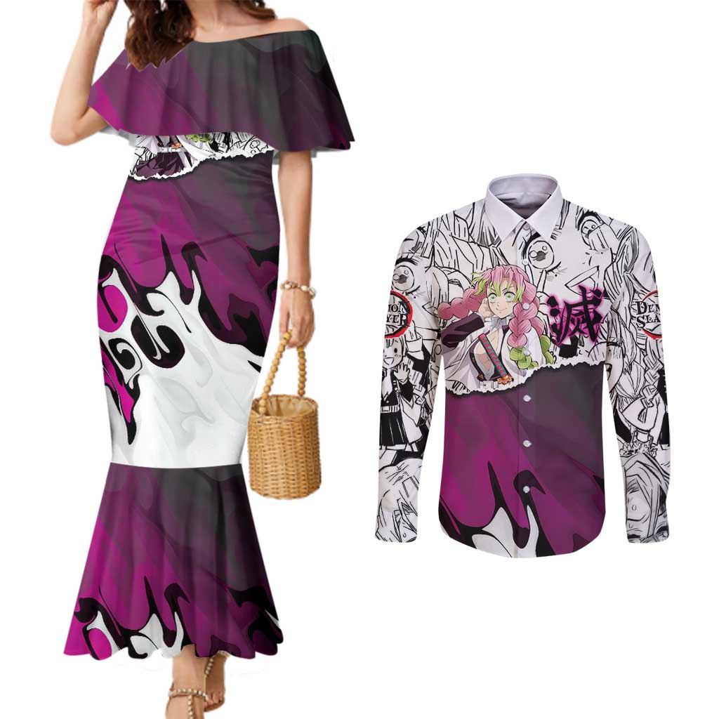 Mitsuri Kanroji Demon Slayer Manga Collage Couples Matching Mermaid Dress and Long Sleeve Button Shirt with Pink and Purple Love Hashira Aesthetic - The Mazicc