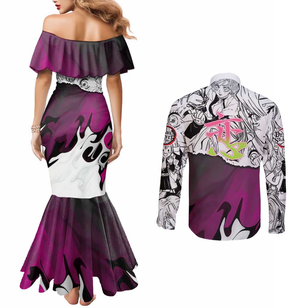 Mitsuri Kanroji Demon Slayer Manga Collage Couples Matching Mermaid Dress and Long Sleeve Button Shirt with Pink and Purple Love Hashira Aesthetic - The Mazicc