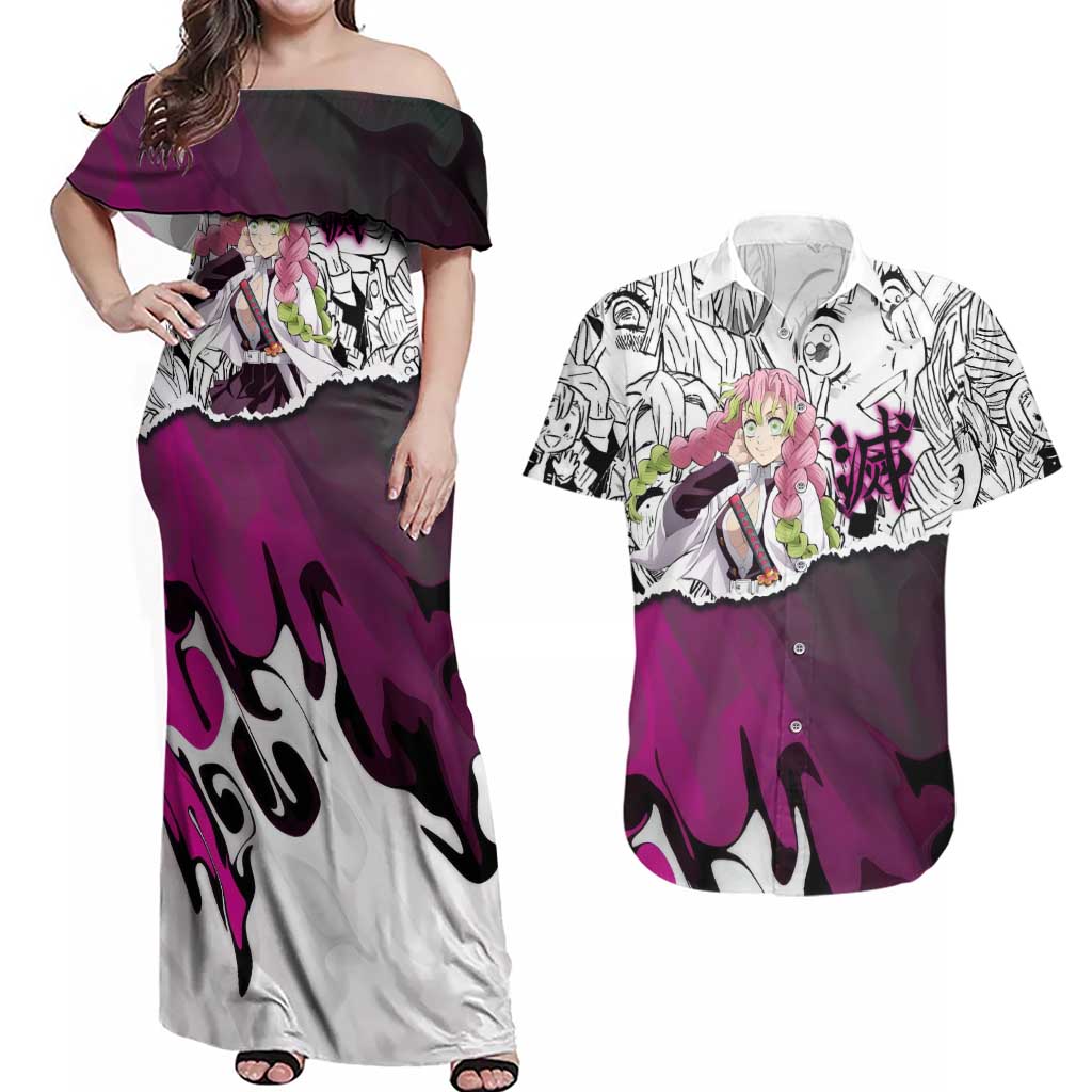 Mitsuri Kanroji Demon Slayer Manga Collage Couples Matching Off Shoulder Maxi Dress and Hawaiian Shirt with Pink and Purple Love Hashira Aesthetic - The Mazicc