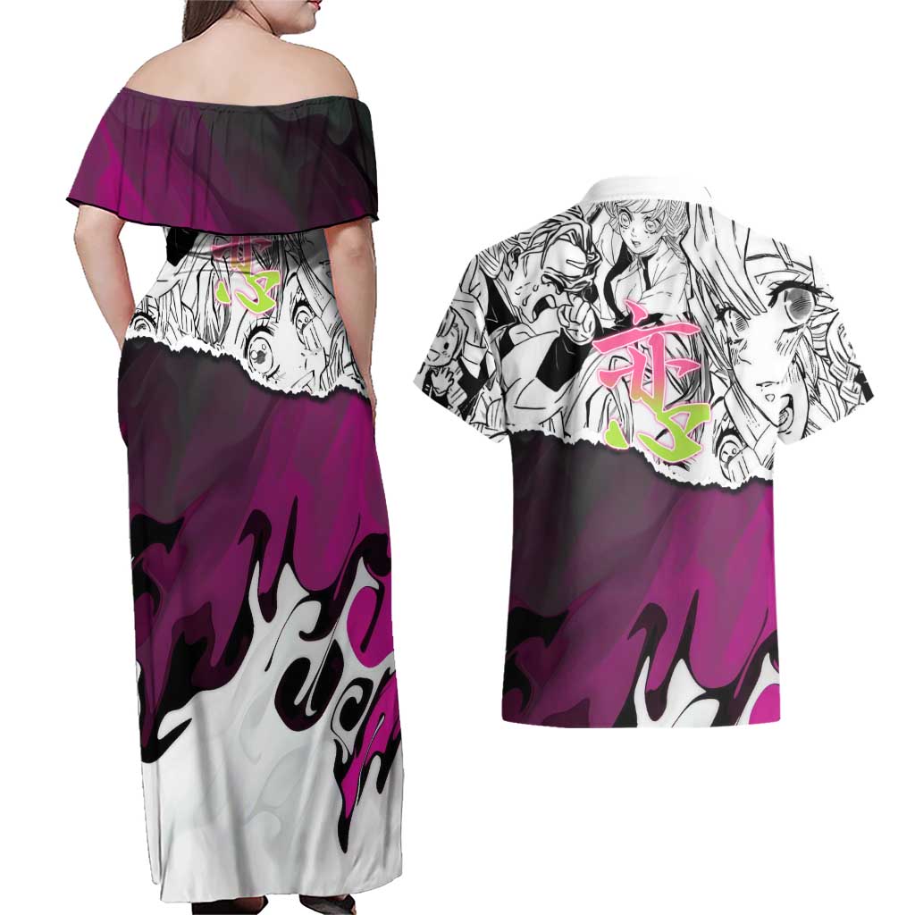 Mitsuri Kanroji Demon Slayer Manga Collage Couples Matching Off Shoulder Maxi Dress and Hawaiian Shirt with Pink and Purple Love Hashira Aesthetic - The Mazicc