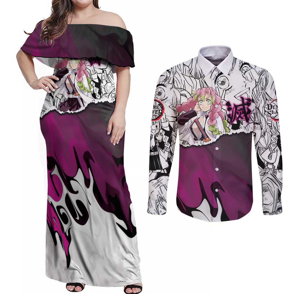 Mitsuri Kanroji Demon Slayer Manga Collage Couples Matching Off Shoulder Maxi Dress and Long Sleeve Button Shirt with Pink and Purple Love Hashira Aesthetic - The Mazicc