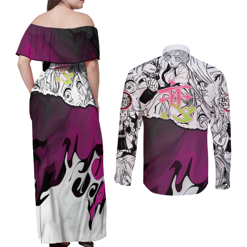 Mitsuri Kanroji Demon Slayer Manga Collage Couples Matching Off Shoulder Maxi Dress and Long Sleeve Button Shirt with Pink and Purple Love Hashira Aesthetic - The Mazicc