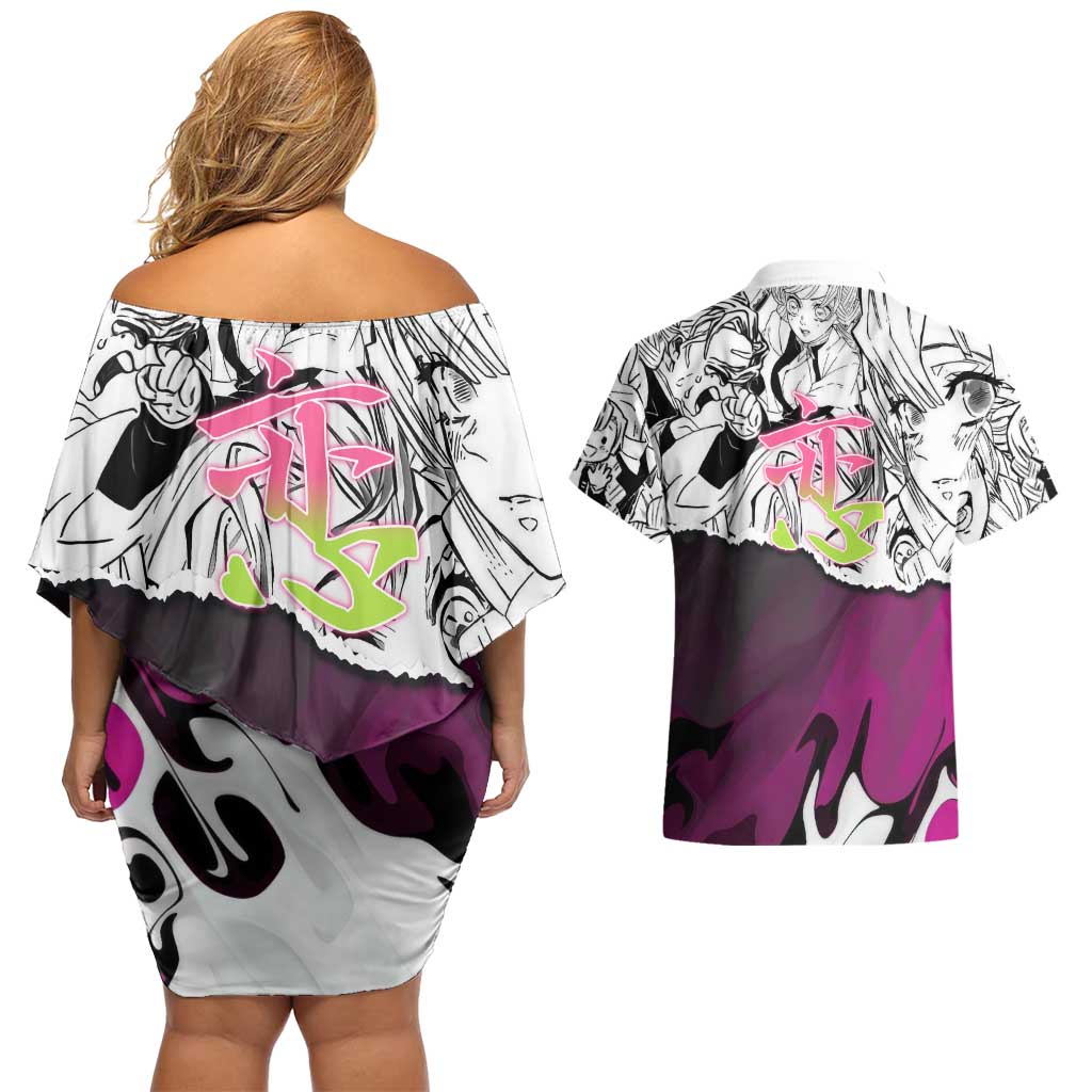 Mitsuri Kanroji Demon Slayer Manga Collage Couples Matching Off Shoulder Short Dress and Hawaiian Shirt with Pink and Purple Love Hashira Aesthetic - The Mazicc