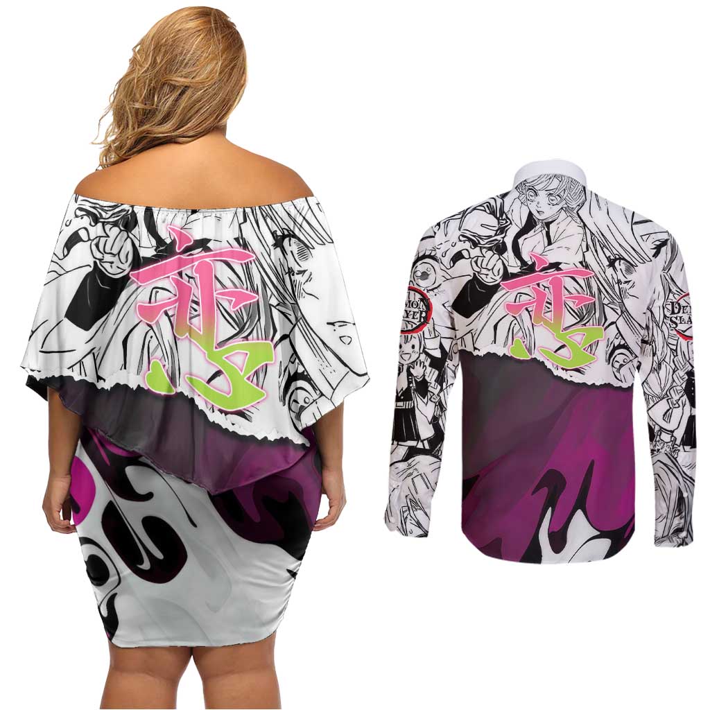 Mitsuri Kanroji Demon Slayer Manga Collage Couples Matching Off Shoulder Short Dress and Long Sleeve Button Shirt with Pink and Purple Love Hashira Aesthetic - The Mazicc