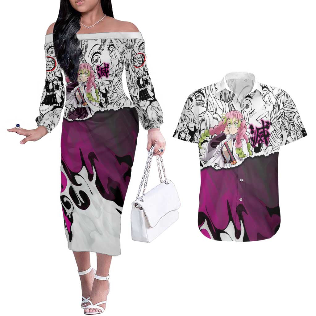 Mitsuri Kanroji Demon Slayer Manga Collage Couples Matching Off The Shoulder Long Sleeve Dress and Hawaiian Shirt with Pink and Purple Love Hashira Aesthetic - The Mazicc
