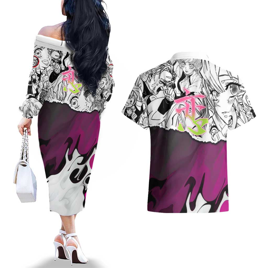 Mitsuri Kanroji Demon Slayer Manga Collage Couples Matching Off The Shoulder Long Sleeve Dress and Hawaiian Shirt with Pink and Purple Love Hashira Aesthetic - The Mazicc