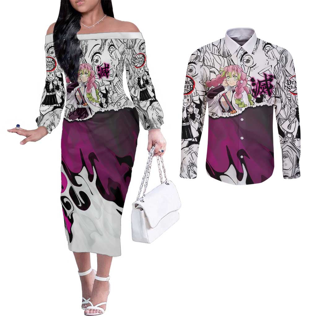 Mitsuri Kanroji Demon Slayer Manga Collage Couples Matching Off The Shoulder Long Sleeve Dress and Long Sleeve Button Shirt with Pink and Purple Love Hashira Aesthetic - The Mazicc