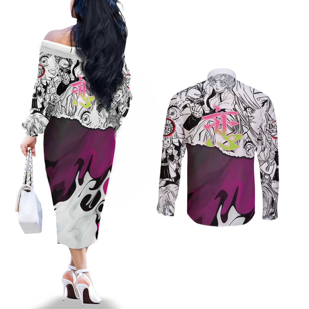 Mitsuri Kanroji Demon Slayer Manga Collage Couples Matching Off The Shoulder Long Sleeve Dress and Long Sleeve Button Shirt with Pink and Purple Love Hashira Aesthetic - The Mazicc