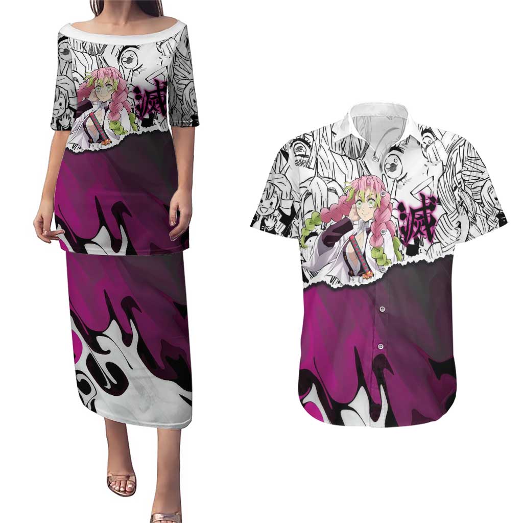 Mitsuri Kanroji Demon Slayer Manga Collage Couples Matching Puletasi and Hawaiian Shirt with Pink and Purple Love Hashira Aesthetic - The Mazicc