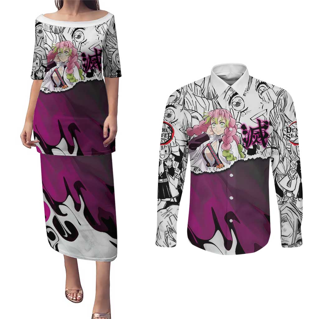 Mitsuri Kanroji Demon Slayer Manga Collage Couples Matching Puletasi and Long Sleeve Button Shirt with Pink and Purple Love Hashira Aesthetic - The Mazicc