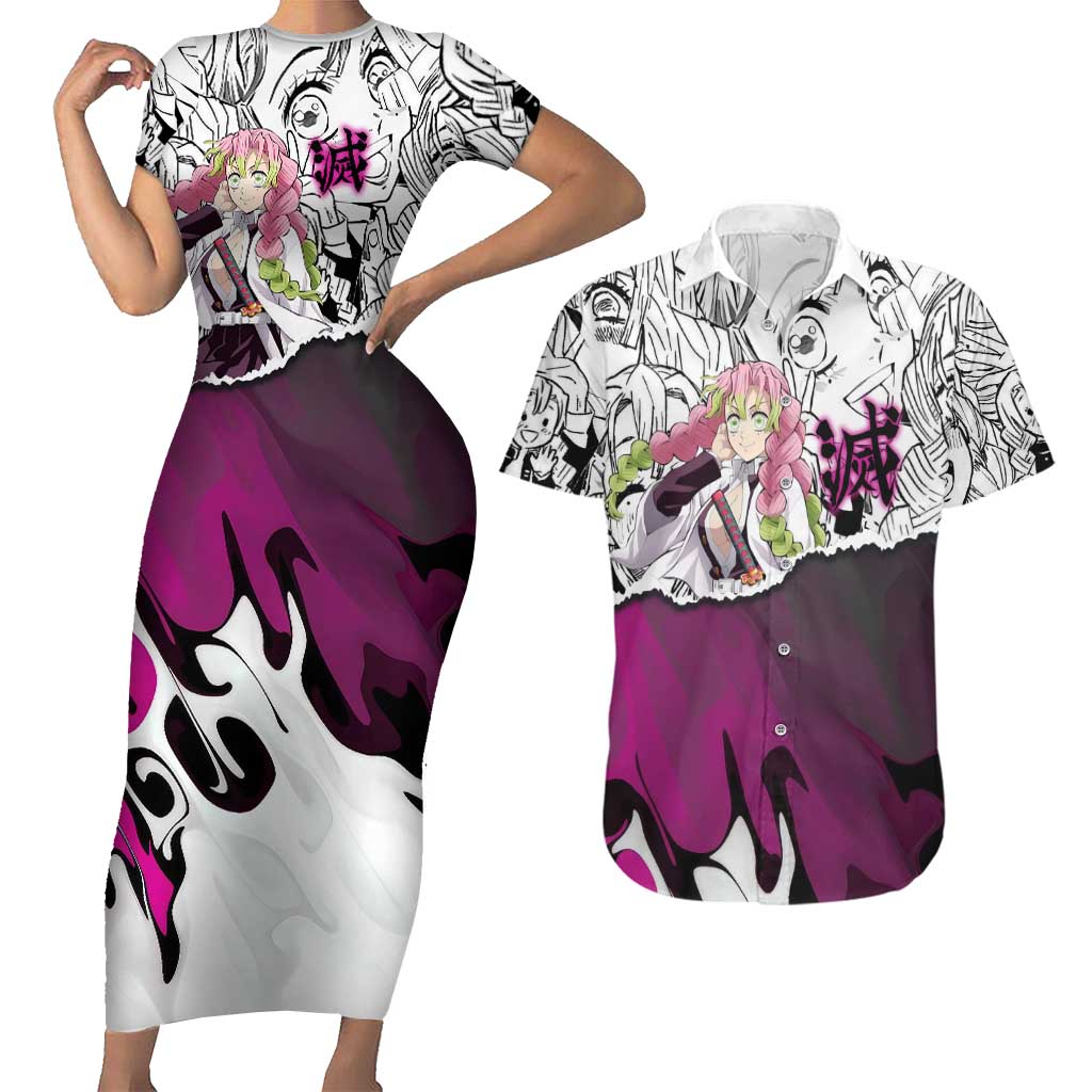 Mitsuri Kanroji Demon Slayer Manga Collage Couples Matching Short Sleeve Bodycon Dress and Hawaiian Shirt with Pink and Purple Love Hashira Aesthetic - The Mazicc