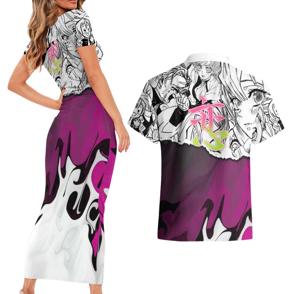 Mitsuri Kanroji Demon Slayer Manga Collage Couples Matching Short Sleeve Bodycon Dress and Hawaiian Shirt with Pink and Purple Love Hashira Aesthetic - The Mazicc