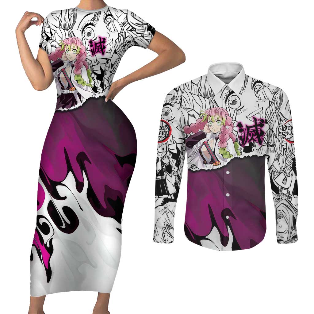 Mitsuri Kanroji Demon Slayer Manga Collage Couples Matching Short Sleeve Bodycon Dress and Long Sleeve Button Shirt with Pink and Purple Love Hashira Aesthetic - The Mazicc