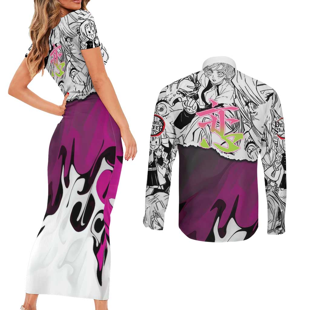 Mitsuri Kanroji Demon Slayer Manga Collage Couples Matching Short Sleeve Bodycon Dress and Long Sleeve Button Shirt with Pink and Purple Love Hashira Aesthetic - The Mazicc