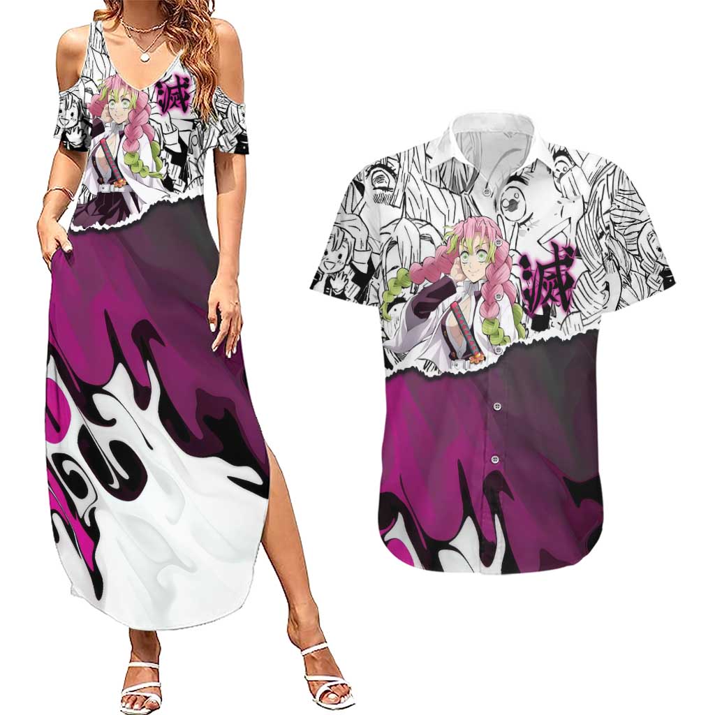 Mitsuri Kanroji Demon Slayer Manga Collage Couples Matching Summer Maxi Dress and Hawaiian Shirt with Pink and Purple Love Hashira Aesthetic - The Mazicc