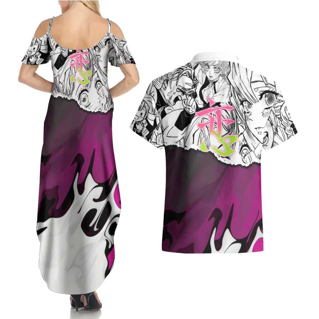 Mitsuri Kanroji Demon Slayer Manga Collage Couples Matching Summer Maxi Dress and Hawaiian Shirt with Pink and Purple Love Hashira Aesthetic - The Mazicc