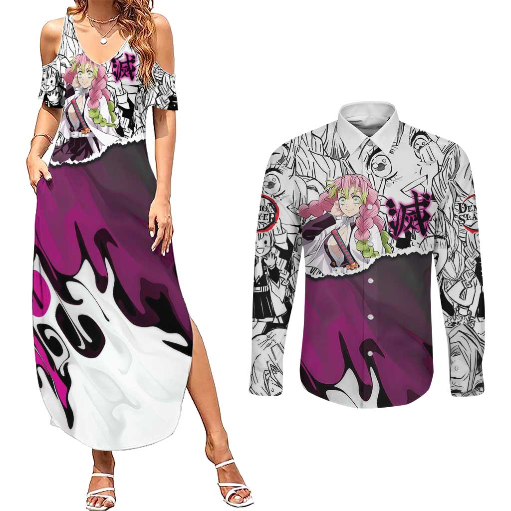 Mitsuri Kanroji Demon Slayer Manga Collage Couples Matching Summer Maxi Dress and Long Sleeve Button Shirt with Pink and Purple Love Hashira Aesthetic - The Mazicc