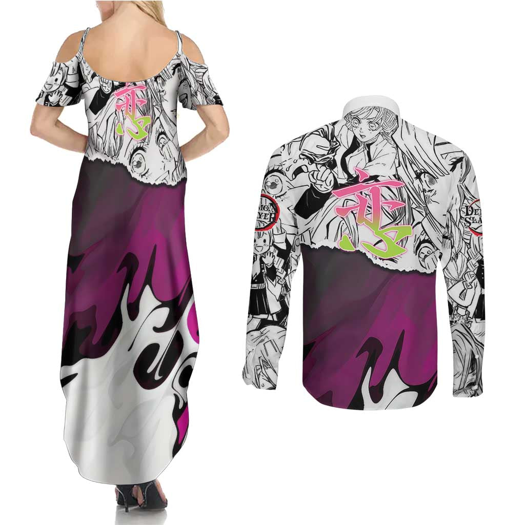 Mitsuri Kanroji Demon Slayer Manga Collage Couples Matching Summer Maxi Dress and Long Sleeve Button Shirt with Pink and Purple Love Hashira Aesthetic - The Mazicc