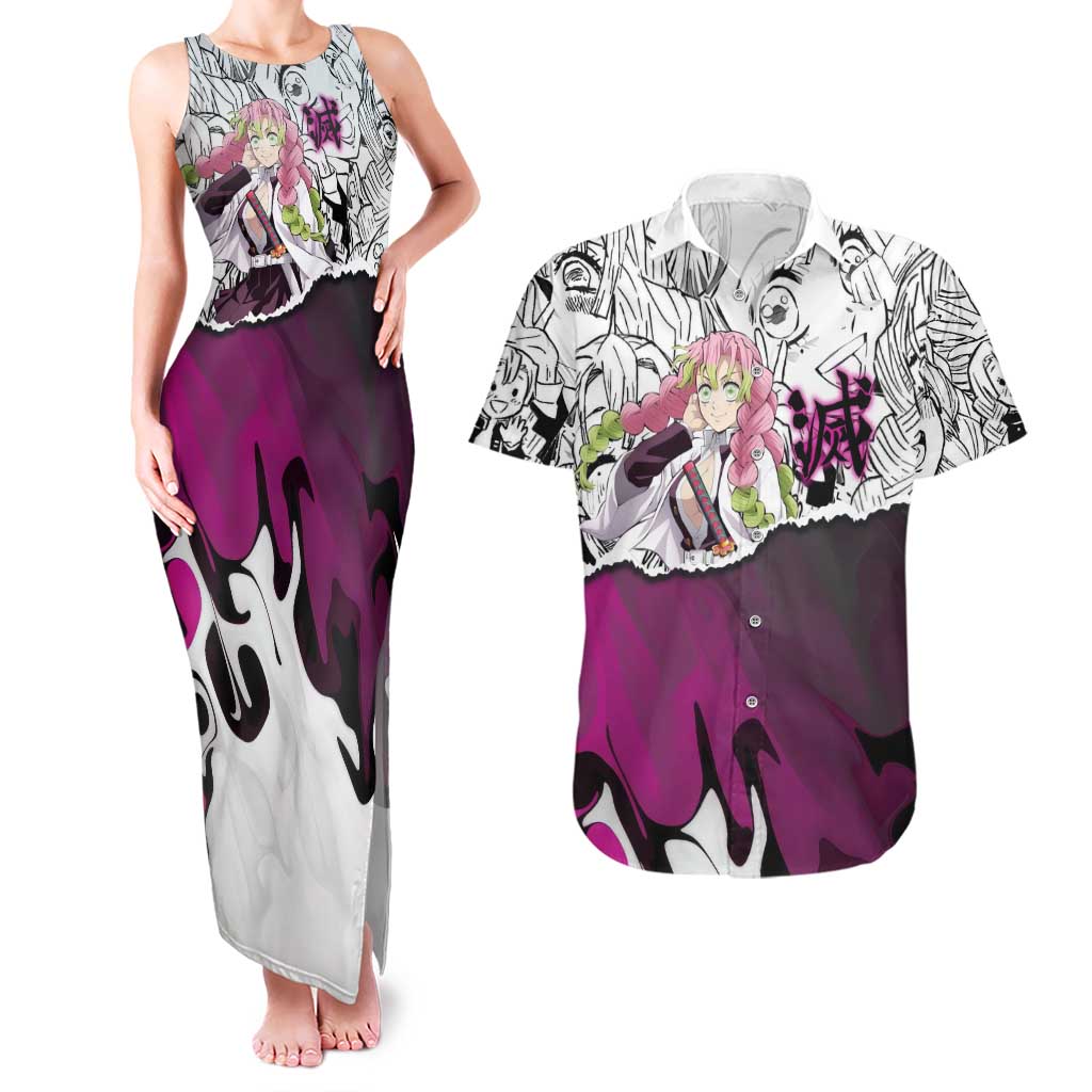 Mitsuri Kanroji Demon Slayer Manga Collage Couples Matching Tank Maxi Dress and Hawaiian Shirt with Pink and Purple Love Hashira Aesthetic - The Mazicc