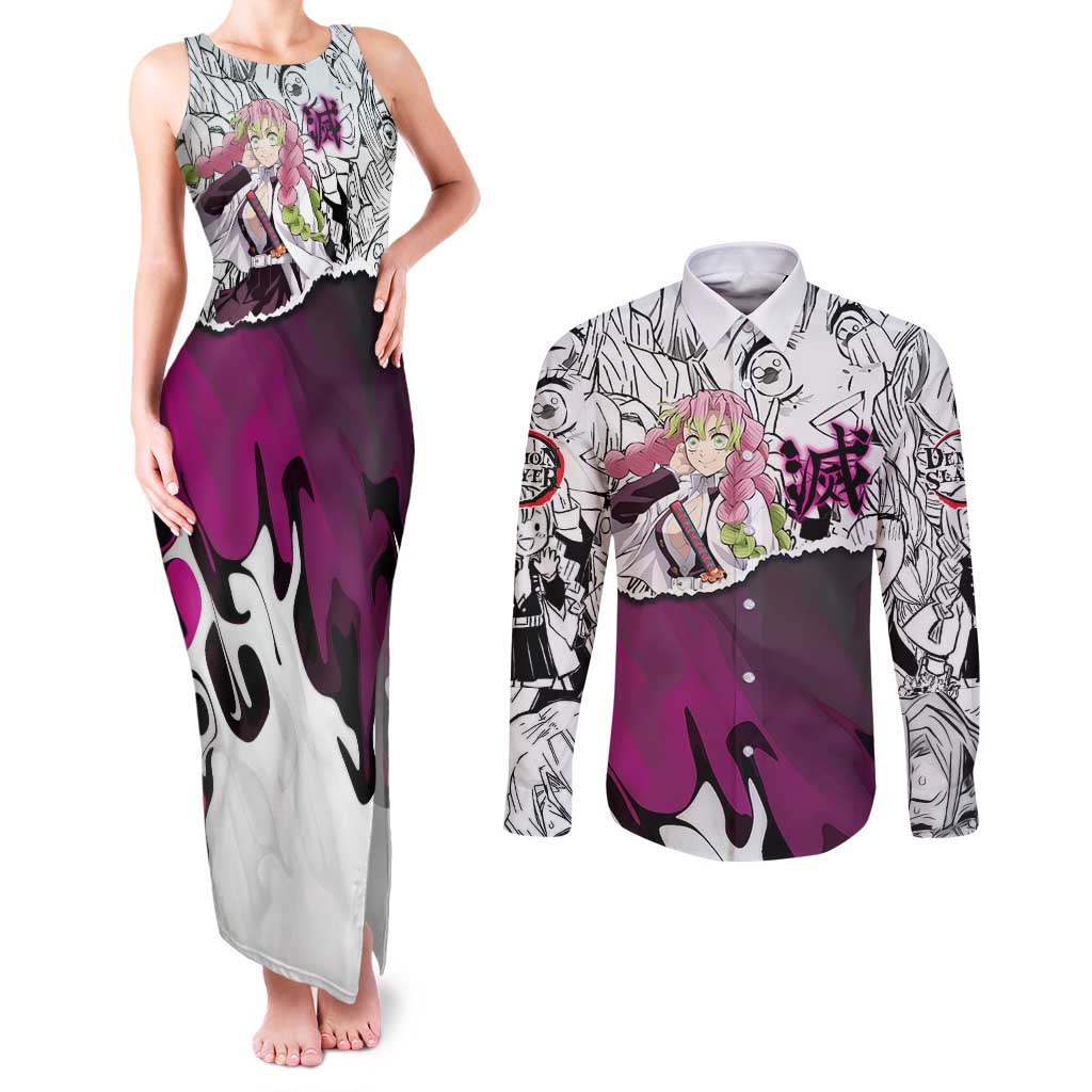 Mitsuri Kanroji Demon Slayer Manga Collage Couples Matching Tank Maxi Dress and Long Sleeve Button Shirt with Pink and Purple Love Hashira Aesthetic - The Mazicc