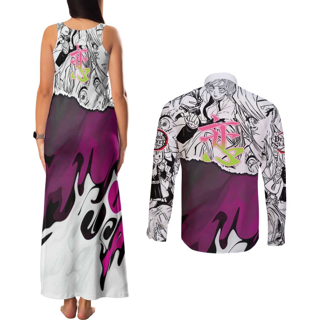Mitsuri Kanroji Demon Slayer Manga Collage Couples Matching Tank Maxi Dress and Long Sleeve Button Shirt with Pink and Purple Love Hashira Aesthetic - The Mazicc