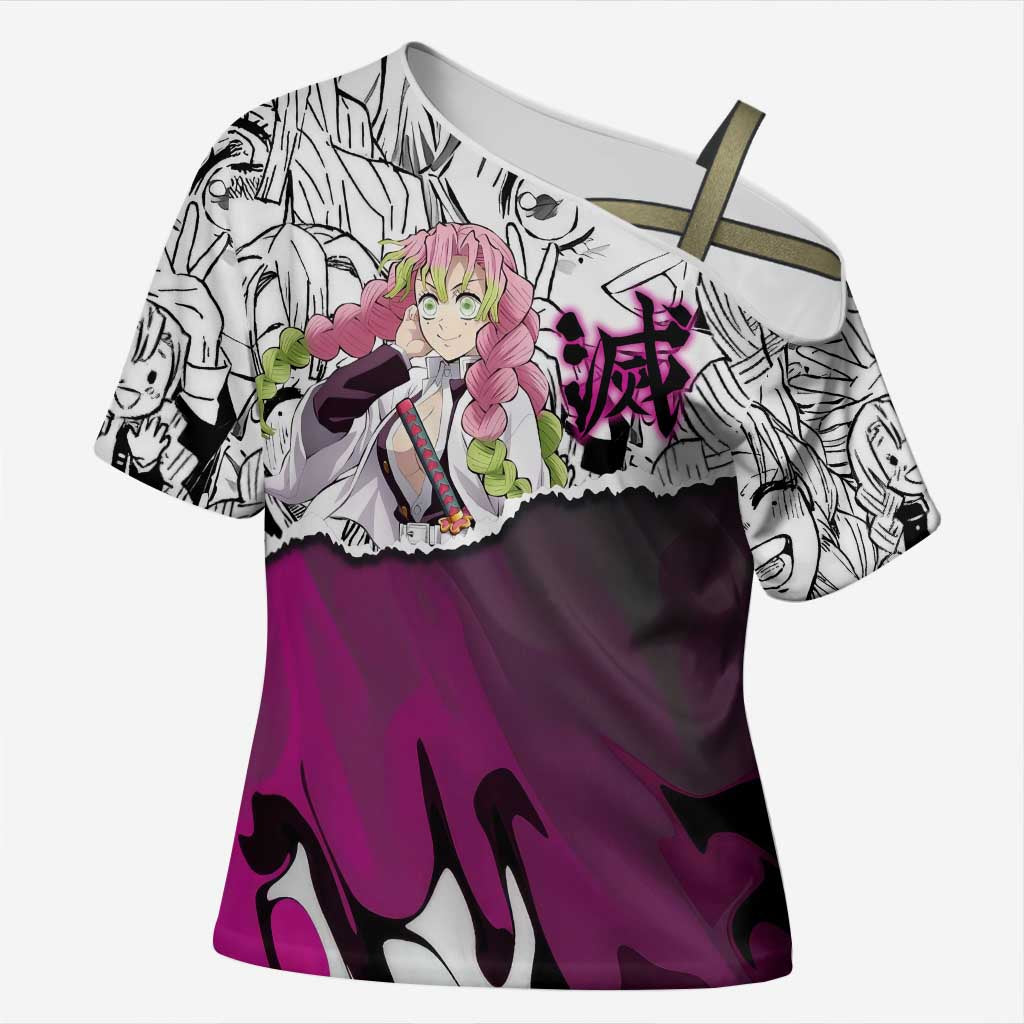 Mitsuri Kanroji Demon Slayer Manga Collage Cross Shoulder Shirt with Pink and Purple Love Hashira Aesthetic - The Mazicc