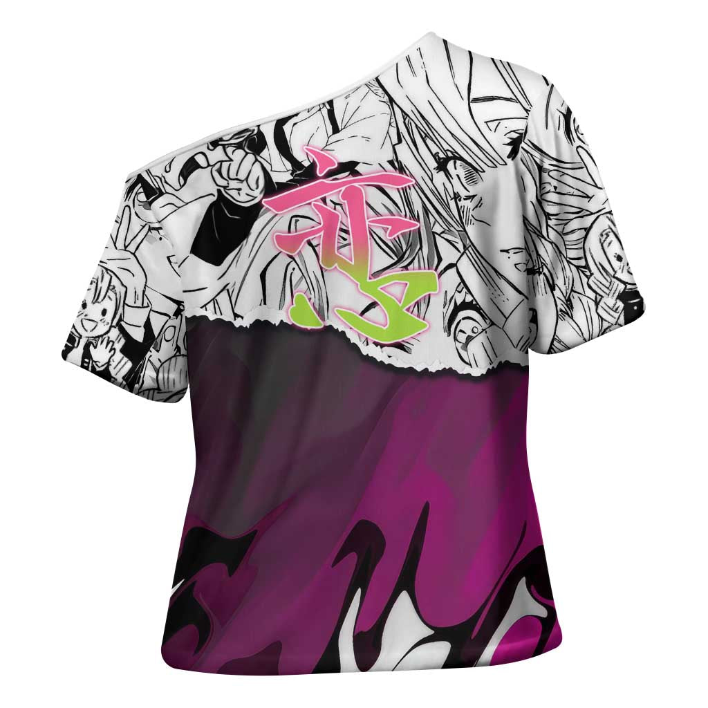 Mitsuri Kanroji Demon Slayer Manga Collage Cross Shoulder Shirt with Pink and Purple Love Hashira Aesthetic - The Mazicc