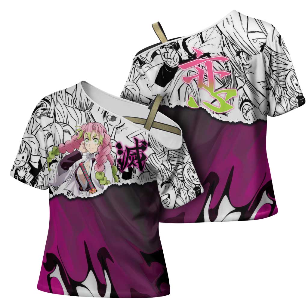 Mitsuri Kanroji Demon Slayer Manga Collage Cross Shoulder Shirt with Pink and Purple Love Hashira Aesthetic - The Mazicc