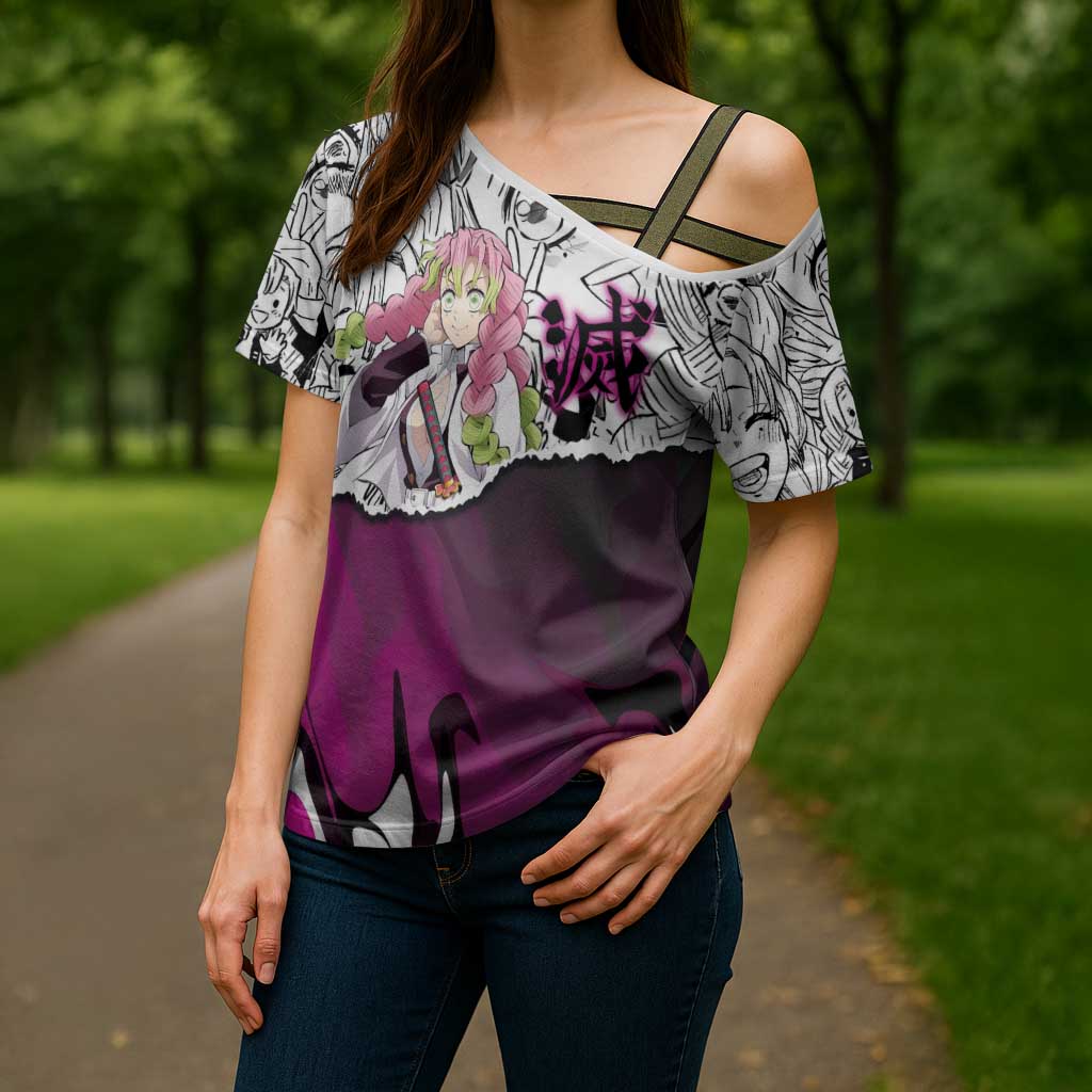 Mitsuri Kanroji Demon Slayer Manga Collage Cross Shoulder Shirt with Pink and Purple Love Hashira Aesthetic - The Mazicc
