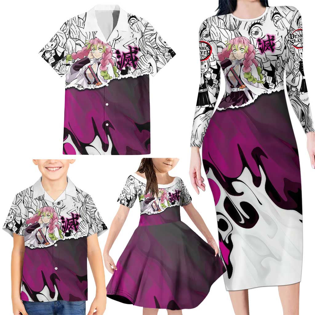 Mitsuri Kanroji Demon Slayer Manga Collage Family Matching Long Sleeve Bodycon Dress and Hawaiian Shirt with Pink and Purple Love Hashira Aesthetic