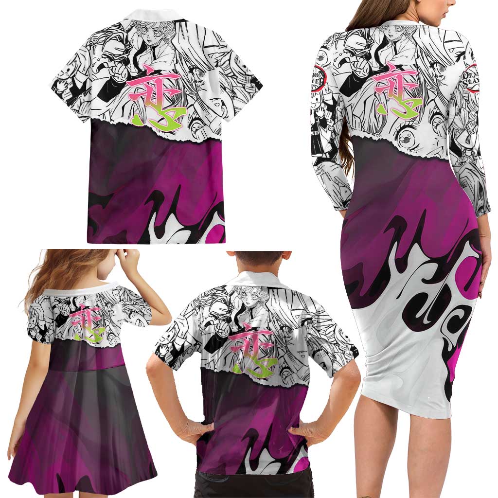 Mitsuri Kanroji Demon Slayer Manga Collage Family Matching Long Sleeve Bodycon Dress and Hawaiian Shirt with Pink and Purple Love Hashira Aesthetic