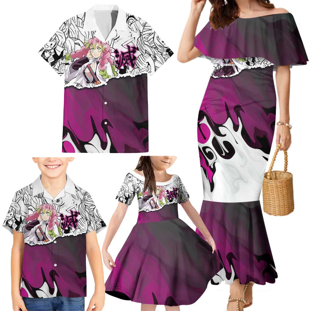 Mitsuri Kanroji Demon Slayer Manga Collage Family Matching Mermaid Dress and Hawaiian Shirt with Pink and Purple Love Hashira Aesthetic