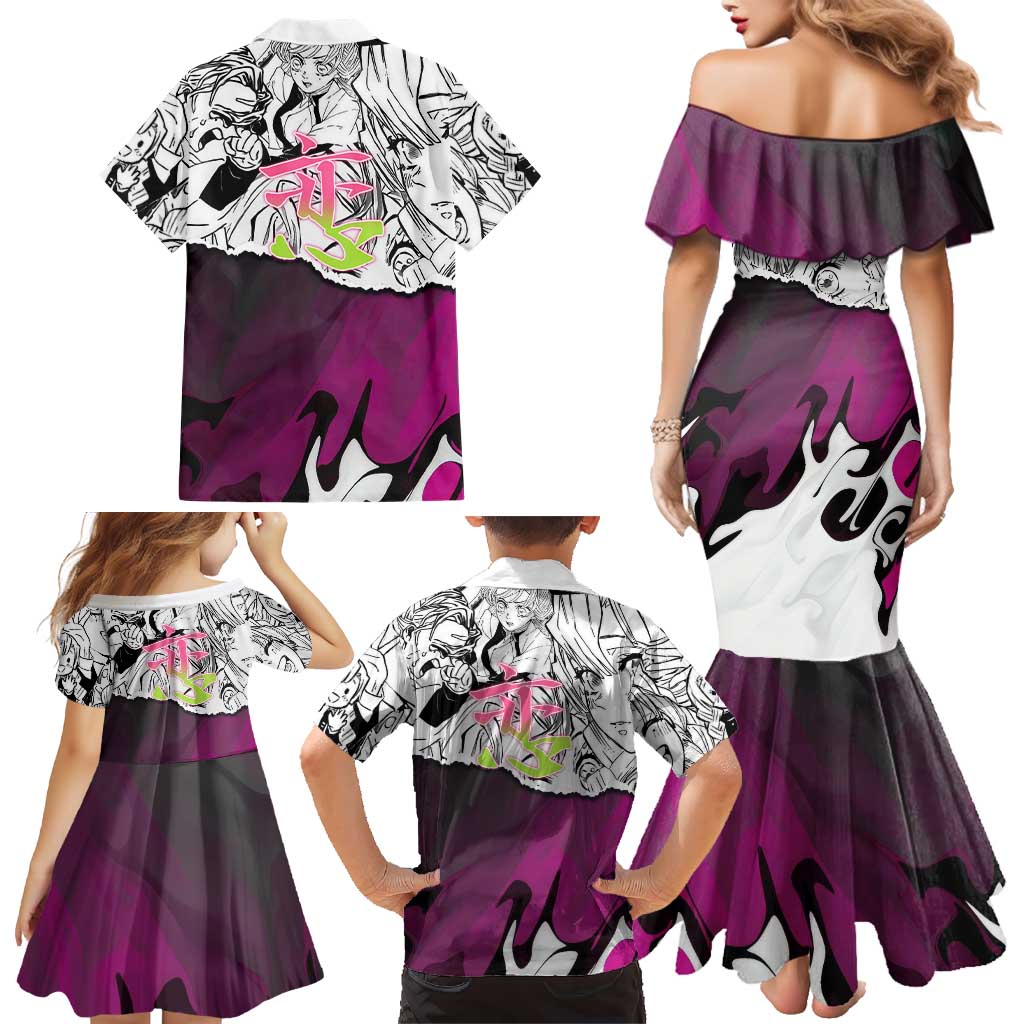 Mitsuri Kanroji Demon Slayer Manga Collage Family Matching Mermaid Dress and Hawaiian Shirt with Pink and Purple Love Hashira Aesthetic