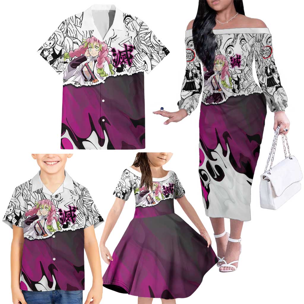 Mitsuri Kanroji Demon Slayer Manga Collage Family Matching Off The Shoulder Long Sleeve Dress and Hawaiian Shirt with Pink and Purple Love Hashira Aesthetic