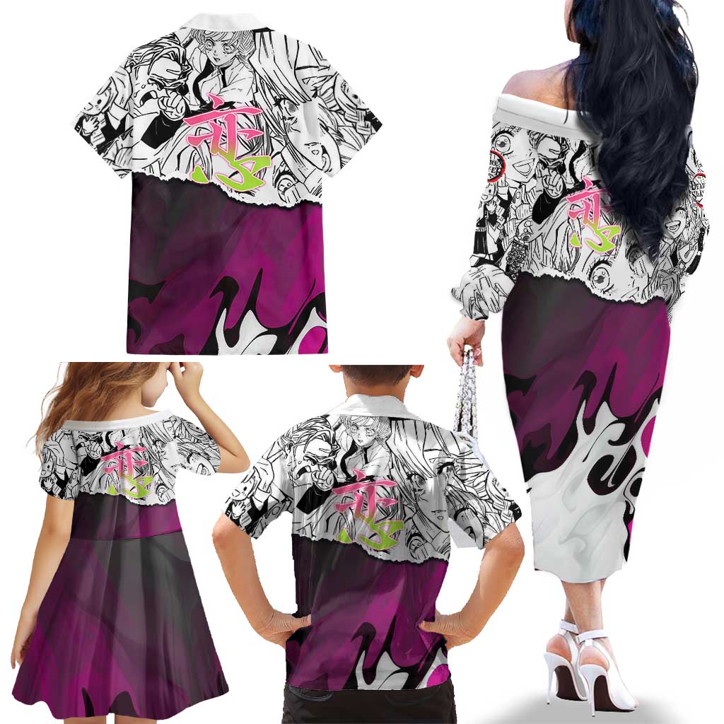 Mitsuri Kanroji Demon Slayer Manga Collage Family Matching Off The Shoulder Long Sleeve Dress and Hawaiian Shirt with Pink and Purple Love Hashira Aesthetic