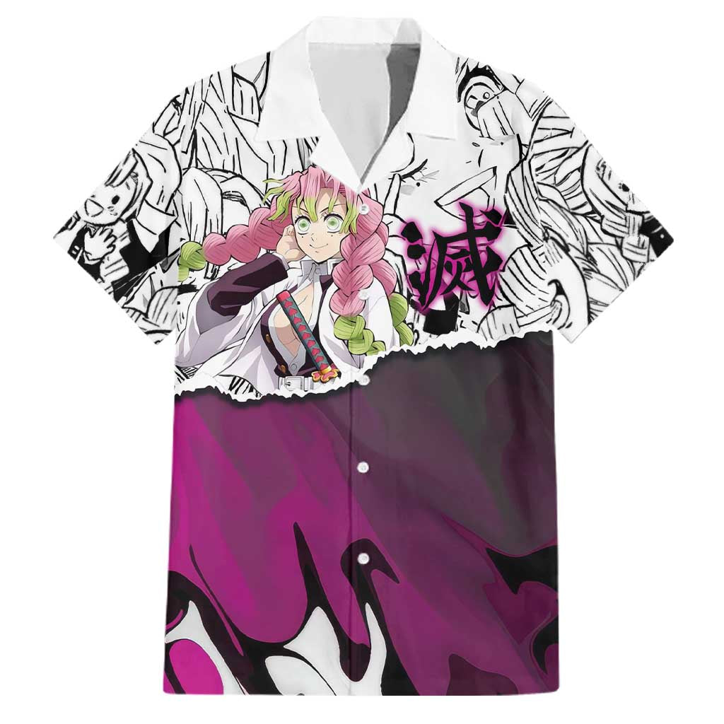 Mitsuri Kanroji Demon Slayer Manga Collage Family Matching Off The Shoulder Long Sleeve Dress and Hawaiian Shirt with Pink and Purple Love Hashira Aesthetic