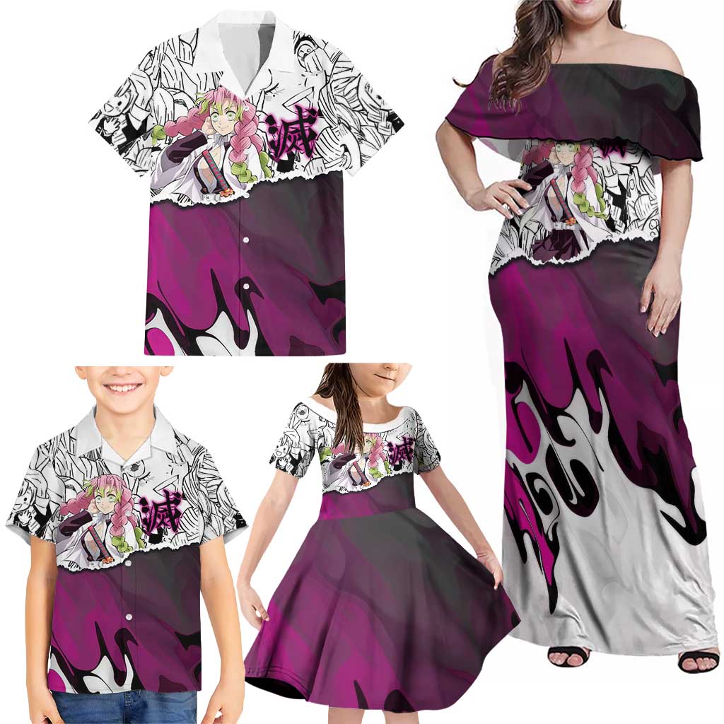 Mitsuri Kanroji Demon Slayer Manga Collage Family Matching Off Shoulder Maxi Dress and Hawaiian Shirt with Pink and Purple Love Hashira Aesthetic