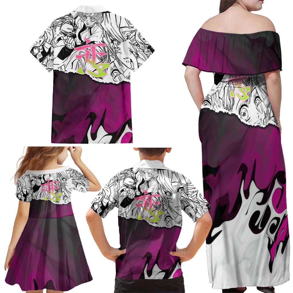 Mitsuri Kanroji Demon Slayer Manga Collage Family Matching Off Shoulder Maxi Dress and Hawaiian Shirt with Pink and Purple Love Hashira Aesthetic
