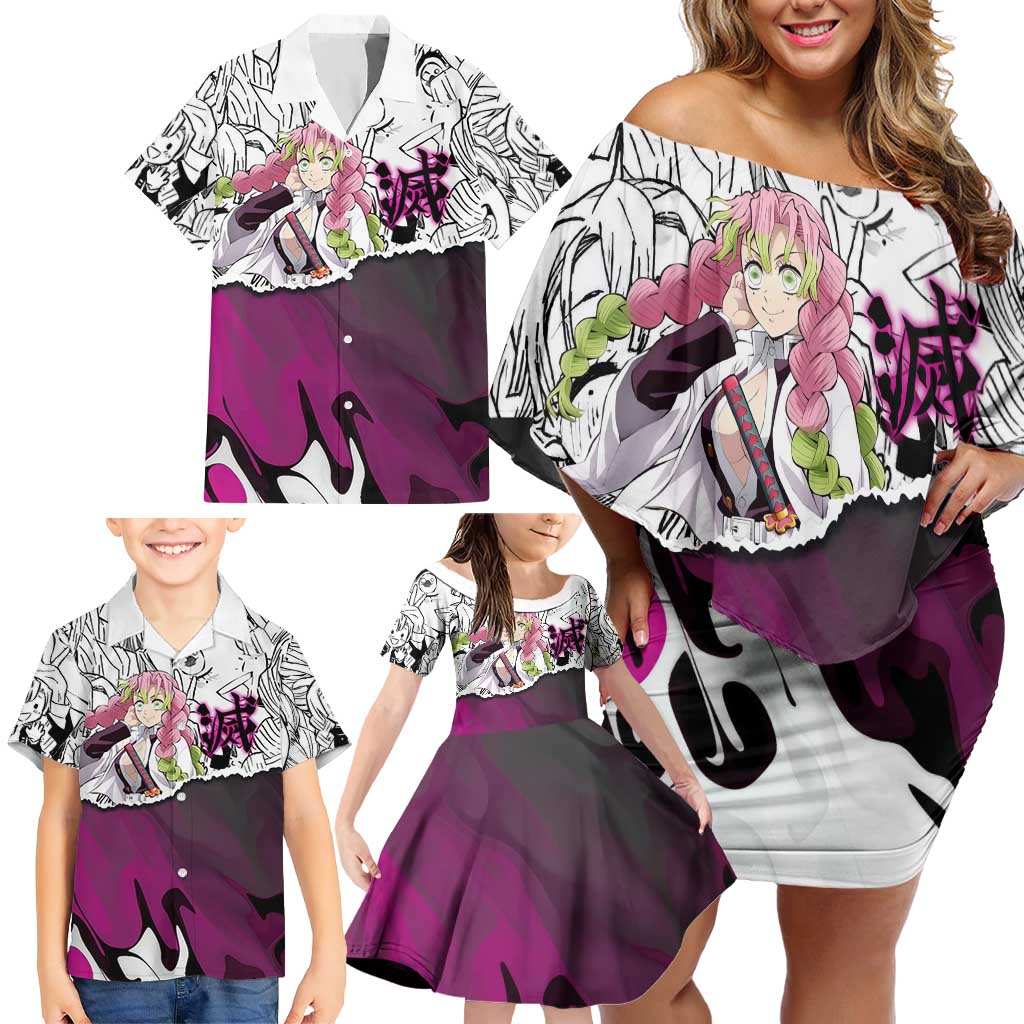Mitsuri Kanroji Demon Slayer Manga Collage Family Matching Off Shoulder Short Dress and Hawaiian Shirt with Pink and Purple Love Hashira Aesthetic