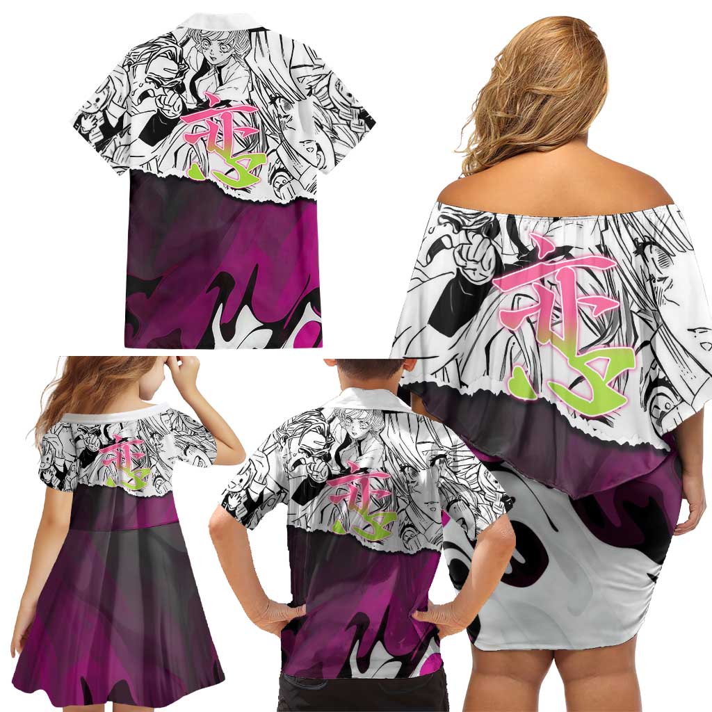 Mitsuri Kanroji Demon Slayer Manga Collage Family Matching Off Shoulder Short Dress and Hawaiian Shirt with Pink and Purple Love Hashira Aesthetic