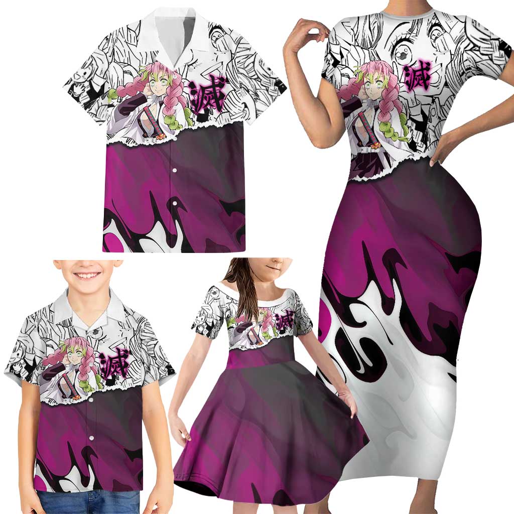 Mitsuri Kanroji Demon Slayer Manga Collage Family Matching Short Sleeve Bodycon Dress and Hawaiian Shirt with Pink and Purple Love Hashira Aesthetic
